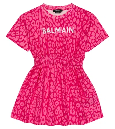 Balmain Kids' Leopard-print Cotton Dress In Ciclamino/rosa