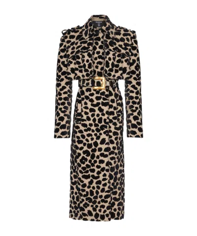 Balmain Leopard Print Jacquard Belted Trench In Black