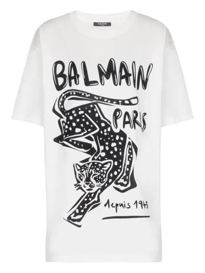 Balmain Leopard-print Short-sleeved T-shirt In White