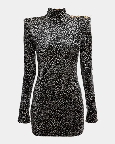 Balmain Leopard Velvet Button Strong-shoulder Mini Dress In Multi
