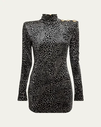 BALMAIN LEOPARD VELVET BUTTON STRONG-SHOULDER MINI DRESS