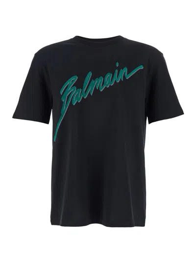BALMAIN BLACK CREWNECK T-SHIRT WITH LOGO LETTERING PRINT ON THE FRONT IN COTTON MAN