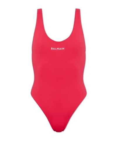 Balmain Letter One-piece Swimsuit In Red
