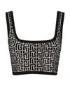 Balmain Monogram Jacquard Wool Blend Crop Top In Black