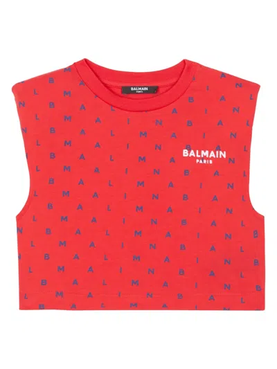 Balmain Kids' Letters-print Cotton T-shirt In Red