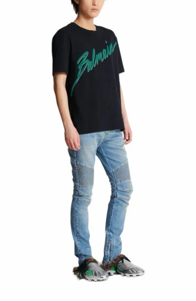Balmain Crew Neck Flocked Letter T-shirt In Black