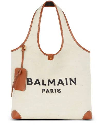 Balmain Light Beige Embroidered Handbag In Brown