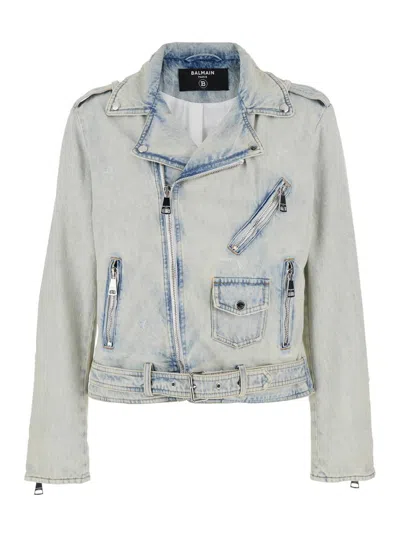 Balmain Light Blue Biker Jacket With Belt On The Front And Washed ...