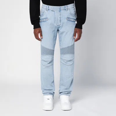 BALMAIN LIGHT BLUE DENIM BIKER JEANS