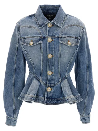 Balmain Peplum Denim Jacket In Blue