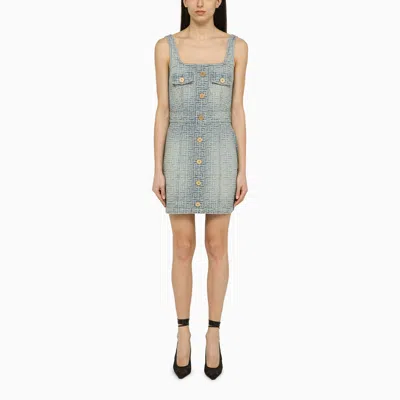 Balmain Light Blue Denim Mini Dress With Monogram Women