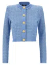 Balmain Pb Labyrinth Knitted Cropped Cardigan In Light Blue