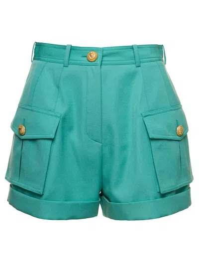Balmain Light Blue Shorts With Cuff And Jewel Buttons In Wool Woman In Green