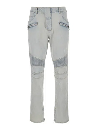 Balmain Light Blue Skinny Jeans With Logo Patch And Ribbed Knees In Stretch Cotton Denim Man