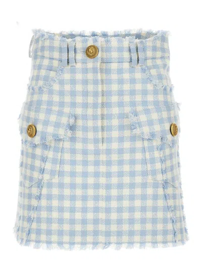 BALMAIN LIGHT-BLUE VICHY TWEED MINI SKIRT