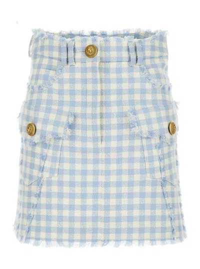 BALMAIN BALMAIN LIGHT-BLUE VICHY TWEED MINI SKIRT IN COTTON BLEND WOMAN