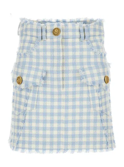 BALMAIN LIGHT-BLUE VICHY TWEED MINI SKIRT IN COTTON BLEND WOMAN