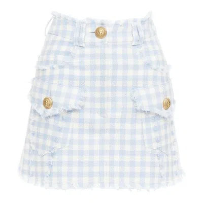 Pre-owned Balmain Light Blue White Checked Cotton Tweed Cargo Pocket Skirt Fr34 Xs