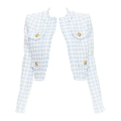 Pre-owned Balmain Light Blue White Plaid Tweed Trim 4 Pocket Cropped Jacket Fr34 Xs