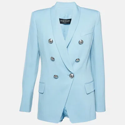 Pre-owned Balmain Light Blue Wool Double Breasted Blazer L