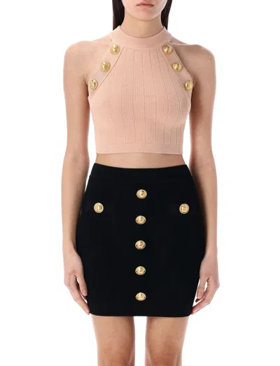 Balmain Light Pink Cropped Knit Halter Top