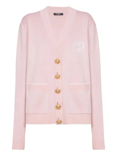 Balmain Emblem Embroidered Knit Cardigan In Pink