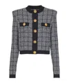 Balmain Cropped Tweed Check Cardigan Gold Buttons In Black