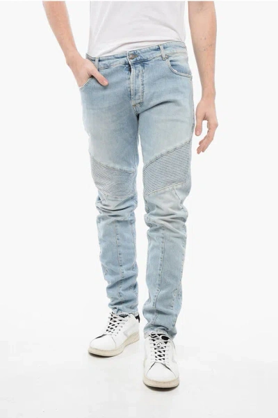 Balmain Light Wash Tapered Fit Biker Denims 16cm In Blue