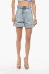 Balmain Light Washed Denim Shorts With Belt In Blue