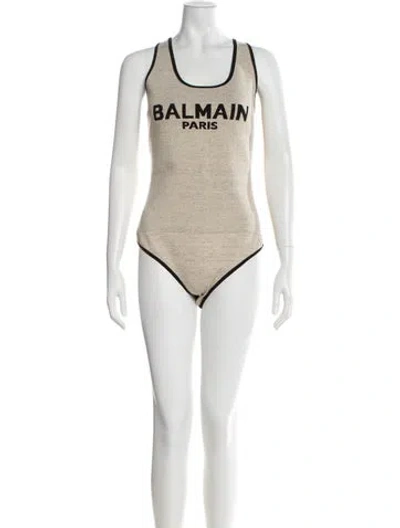 Pre-owned Balmain Linen Graphic Print Bodysuit In Neutral