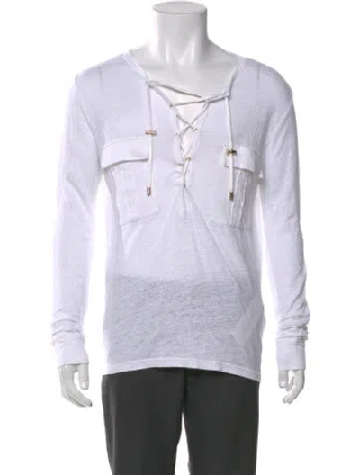Pre-owned Balmain Linen Graphic Print Henley In White
