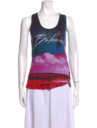 Pre-owned Balmain Linen Graphic Print Top In Blue