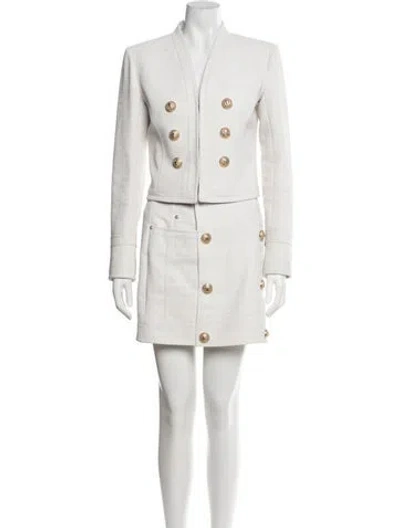 Pre-owned Balmain Linen Studded Accents Skirt Suit In White