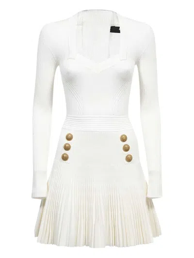 Balmain Lion-button Pleated Mini Dress In White