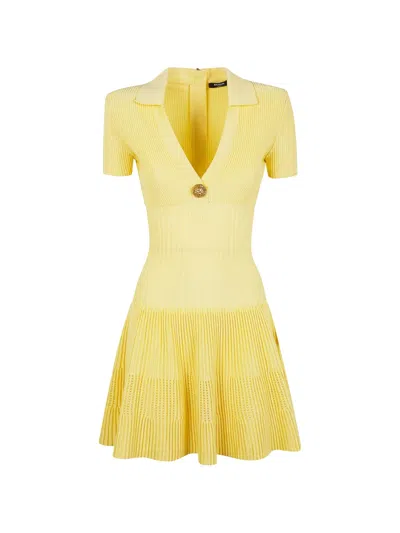 Balmain Lion-button Ribbed Dress In Yellow