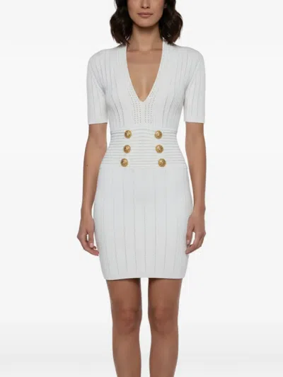 Pre-owned Balmain Lion Head Button Knit Mini Dress In White