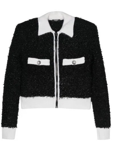Balmain Lion-head-buttons Bouclé Cardigan In Black