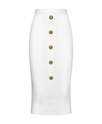 Balmain Lion-head-buttons Ribbed Skirt In White