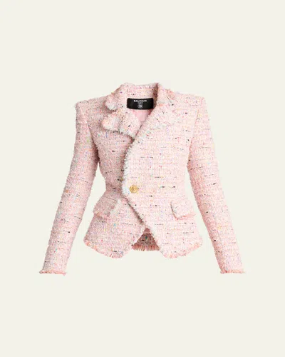 Balmain Lion Head Single-breasted Tweed Jacket In Pink