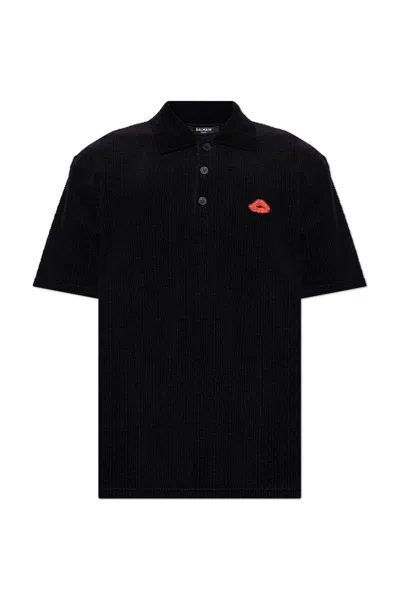 Balmain Lip Motif Collared Polo Shirt In Black