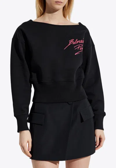 Balmain Lipstick Logo Cropped Sweatshirt In Black
