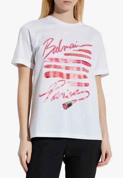 BALMAIN LIPSTICK PRINT LOGO T-SHIRT