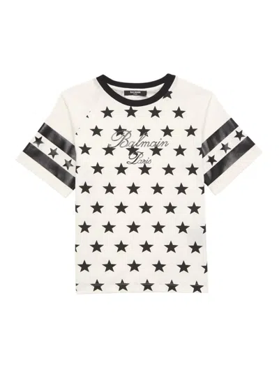 Balmain Kids' Little Boy's & Boy's Logo Star Print T-shirt In White Pink