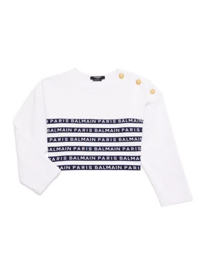 Balmain Little Girl's & Girl's Logo Stripe Crop Sweatshirt In White Navy