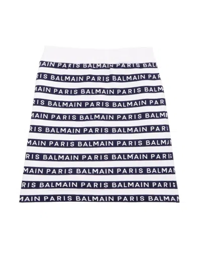 Balmain Little Girl's & Girl's Logo Striped French Terry Skirt In White Navy