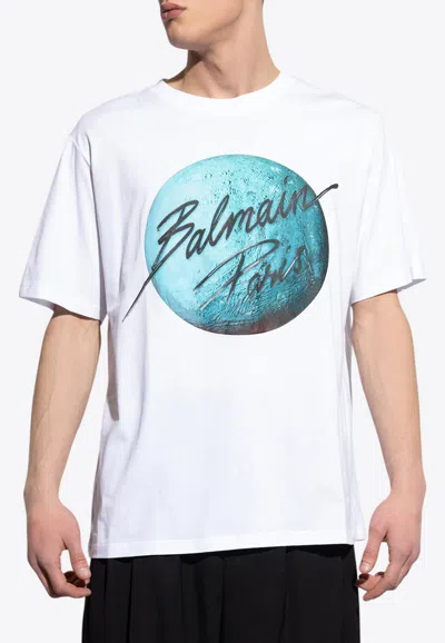 Balmain Logo And Planet Print T-shirt In White