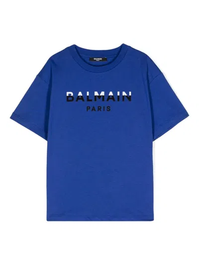 Balmain Kids' Flocked Logo T-shirt In Blue