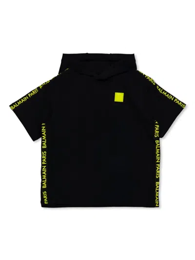 Balmain Kids' Logo-appliqué Hooded T-shirt In Blue