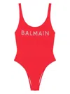 Balmain Logo-appliqué Swimsuit In Red