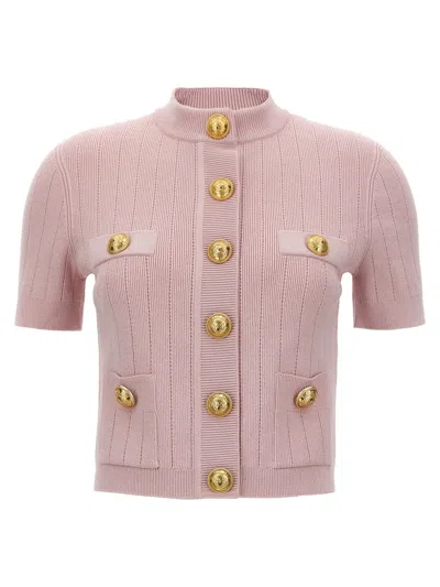 Balmain Logo Button Cardigan In Pink